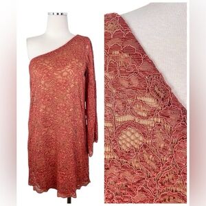 Lovely Day Elegant One-Shoulder Coral Lace Dress Sz L